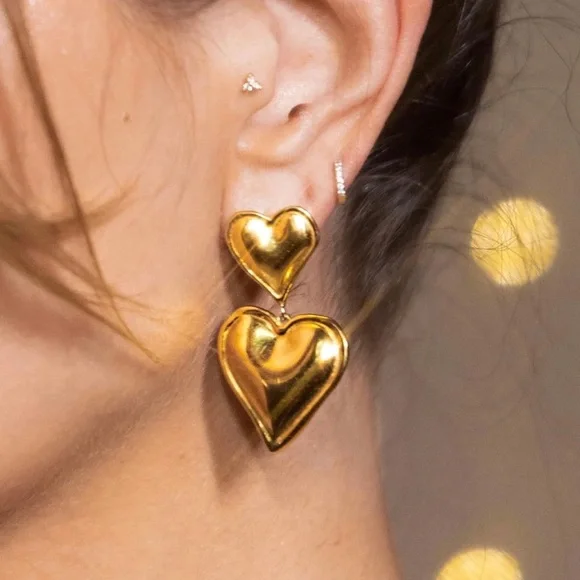 24K Gold Double Heart Earrings*Waterproof*Sweatproof* - Picture 3 of 7